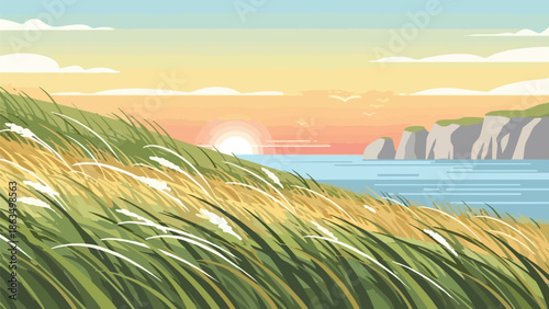Sweeping coastal landscape with vibrant wind-swept golden and green grasses cascading towards the tranquil ocean and imposing cliffs under a radiant
