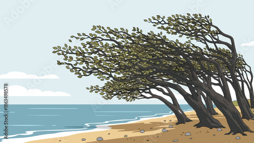 Coastal resilience demonstrated by wind-sculpted trees thriving along a pristine sandy beach under a clear sky, embodying enduring strength and