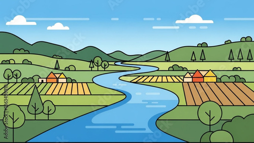 Serene countryside landscape with river, fields, and houses in a picturesque valley surrounded by green hills and trees under a blue sky with white with rural