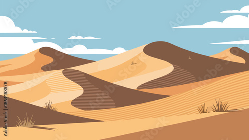 Stylized desert landscape with vast sand dunes under a clear blue sky and distant clouds