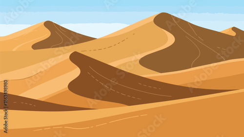 A captivating graphic illustration portraying a vast desert expanse featuring numerous undulating sand dunes in varied earthy tones under a tranquil