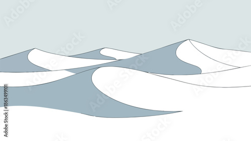 A serene minimalist landscape featuring gently rolling abstract dunes under a clear sky, rendered with clean lines and calm colors for a peaceful