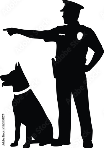 Police Officer and K9 Partner Silhouette, Law Enforcement K9 Unit on Duty, Officer Directing a Police Dog, silhouette, vector, illustration