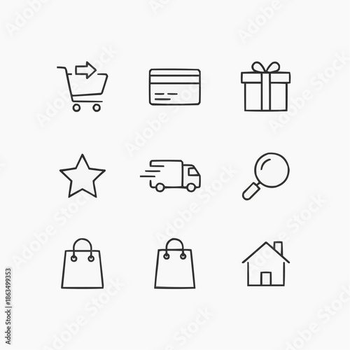 Iconos de compras,  tarjeta, regalos, estrella, camión, lupa, bolsas, y casa 
