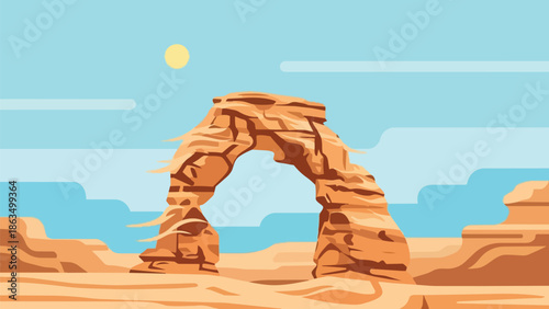 Vibrant vector illustration of a majestic desert rock arch under a bright sunny sky, highlighting its geological grandeur and the serene beauty of