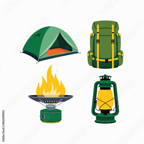 Camping gear tent backpack lantern stove bundle, camping concept vector illustration isolated on white background.