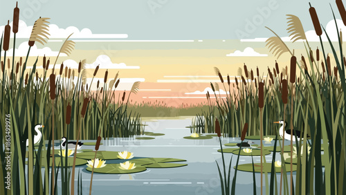 A tranquil marshland ecosystem at dawn featuring graceful waterfowl amidst towering cattails and blossoming water lilies reflecting soft sky hues