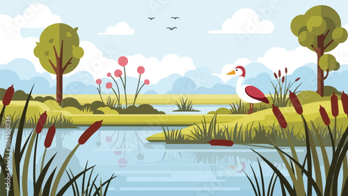 A tranquil wetland ecosystem thrives with life under a gentle sky a serene landscape where a graceful duck observes its watery habitat amidst lush