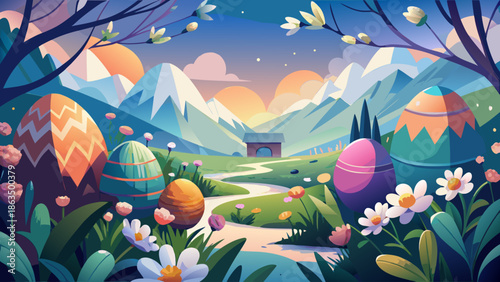 A whimsical easter landscape with colorful eggs mountains and a winding path