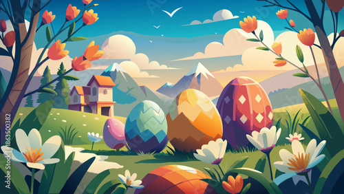 A vibrant springtime scene with easter eggs flowers and distant mountains