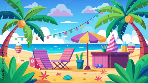 A vibrant tropical beach scene featuring palm trees lounge chairs colorful umbrellas and a festive atmosphere under a bright blue sky