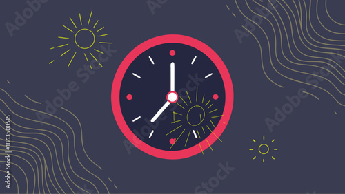 A modern digital illustration features a dark blue background with a pink clock and golden sunbursts representing time and day