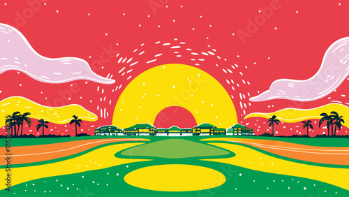 A vibrant illustration depicts a tropical sunset scene with palm trees buildings and a stylized landscape under a colorful sky