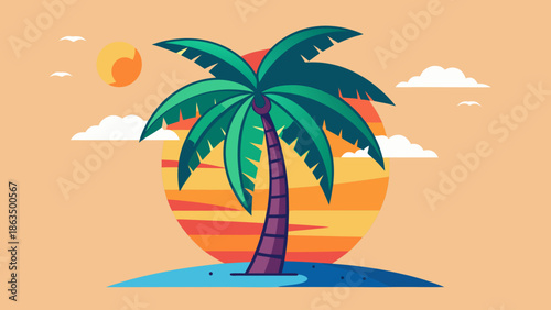 A vibrant illustration depicts a lush palm tree silhouetted against a warm sunset backdrop complete with fluffy clouds and a tropical island