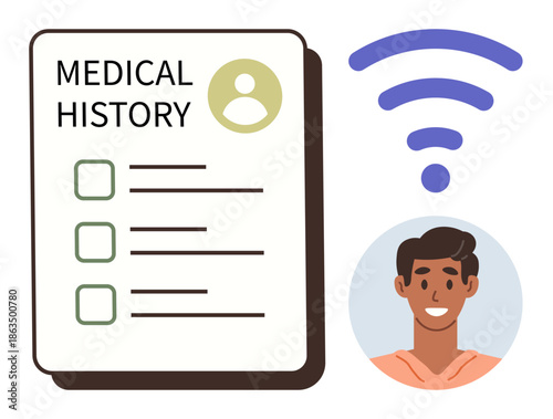 Online healthcare, medical records management, telemedicine, digital health documentation, patient data sharing, wireless connectivity. Medical history checklist and patient icon. Online healthcare