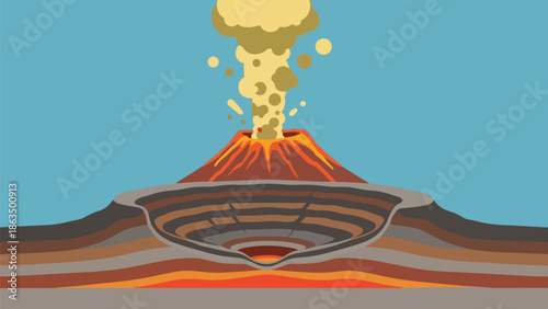 Dynamic geological illustration of a powerful volcanic eruption with subsurface layers and magma chamber activity clearly shown beneath a dramatic