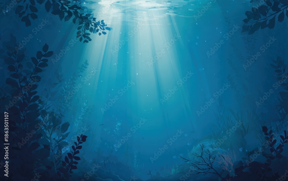 Obraz premium Underwater scene, sunbeams illuminating aquatic plants