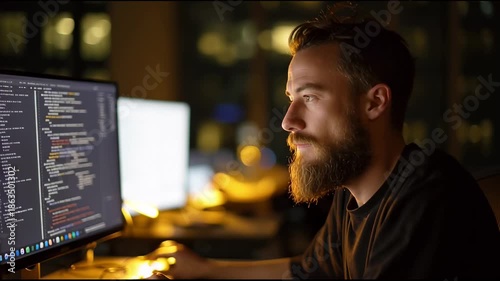 Focused Programmer Working Late at Night on Computer Code
