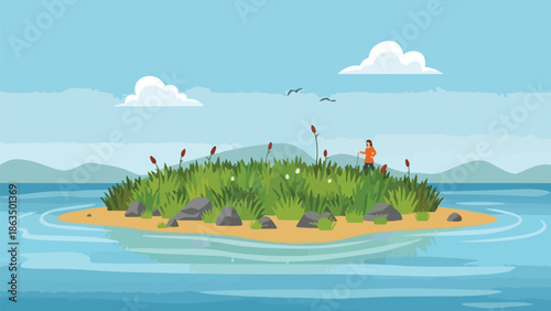 Vibrant cartoon illustration of a serene natural landscape with an individual exploring a lush island in calm waters under a blue sky perfect