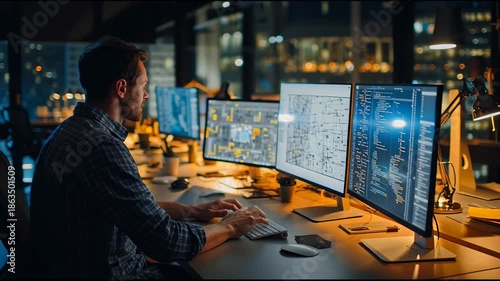 Focused Tech Professional Working Late on Complex Project