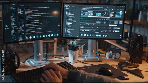 Focused Programmer Working Late on Multiple Computer Screens