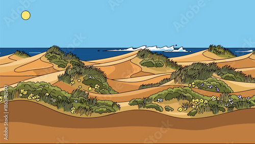 This vibrant illustration captures a serene coastal dune landscape under a bright sun, showcasing rolling sandy hills adorned with lush green