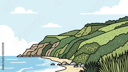 Serene illustrated coastal landscape with rolling green cliffs, sandy beach, and calm blue ocean under a clear sky