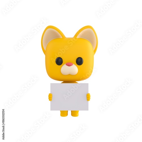 Cute 3D render Little Cat character holding a blank white sign with both hands, friendly and neutral mascot style, isolated on white background.