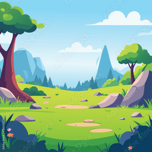 Vector summer landscape with trees and a lake featuring green grass hills under a blue cloudy sky with mountains and a river view in a cartoon nature illustration