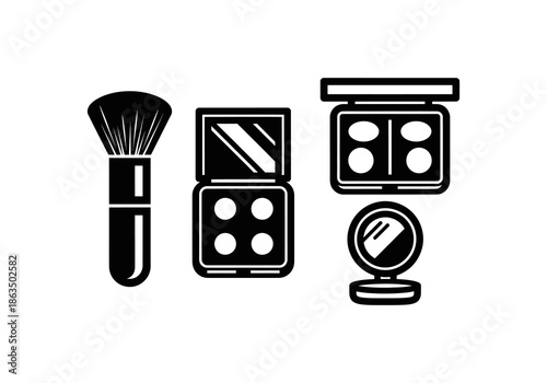 Vector Black and white makeup set - brush, eyeshadow palettes, and compact mirror.
