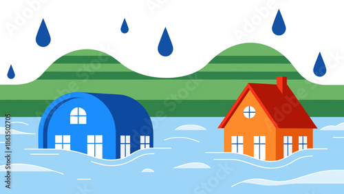 Flooded houses with heavy rainfall and green hills in background