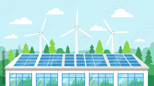 Renewable energy building with solar panels and wind turbines