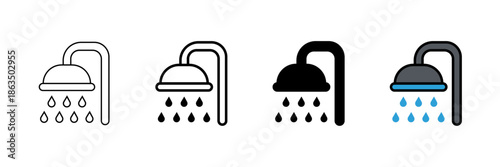 Set of minimalist shower icons with transparent background, depicting bath and water symbols for hygiene applications, hotel amenities, and personal care, vector illustration