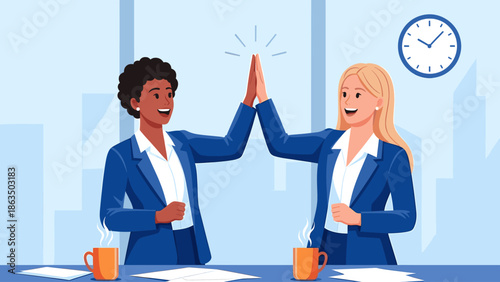 Two business women giving high five to celebrate success