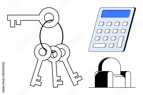 Digital security, access control, data protection, financial safety, key management, confidentiality. Keys, a numeric keypad and a safe . Digital security and access control concept