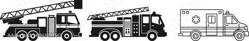 Black and White Vector Illustration of Fire Trucks and Ambulance Emergency Vehicles for Rescue and Medical Response Design