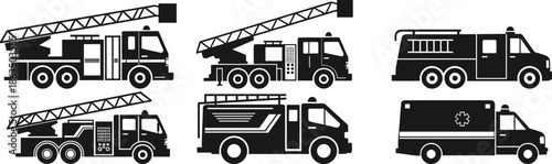 Set of Emergency Response Vehicles Including Fire Trucks, Rescue Utility Truck, and Ambulance in Black and White Vector Style