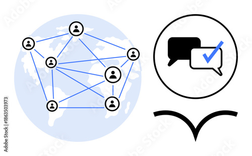 Network of user profiles connected across the globe, verified messages in speech bubbles. Ideal for collaboration, social media, networking, trust, global business, digital communication, simple flat