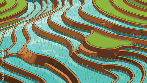 A vibrant illustration of meticulously cultivated rice terraces winding down a sun-drenched landscape.