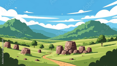 A serene cartoon landscape with rolling green hills, scattered hay bales, and distant mountains under a blue sky with white clouds with serene scene with vista