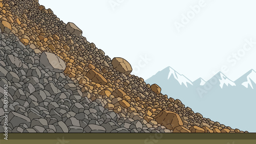 Mountainous scree slope illustration with numerous rocks, distant snow-capped peaks, and clear sky.