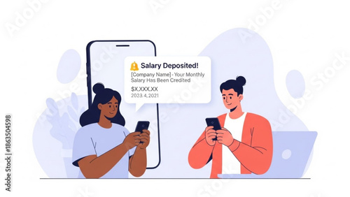 Illustration of man and woman receiving salary notification on mobile phone with large smartphone screen displaying salary deposited message with mobile payment