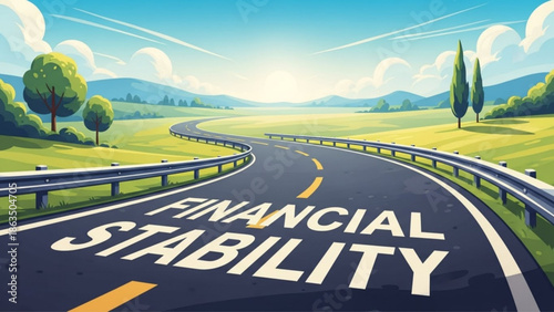 Road to financial stability with green landscapes and blue sky, highway journey to prosperity and success with road to success and motivation with inspiration