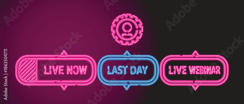 Neon Live Webinar and Live Now Badge Icons Set on Dark Background