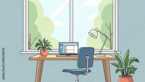 Modern home office workspace with laptop desk chair lamp and plants in front of window with natural light with productivity and workplace and ergonomic