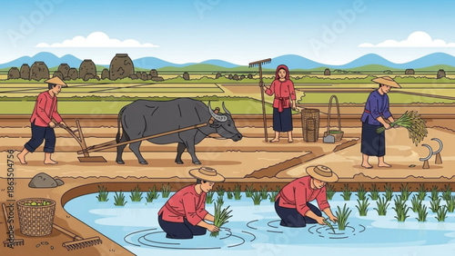 Farmers working in rice field with ox, planting rice seedlings, rural landscape with mountains with agriculture and farming and irrigation with countryside