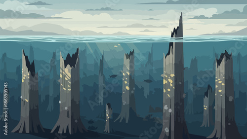Mysterious underwater landscape featuring decaying tree stumps beneath serene waters and distant cloudy horizons.