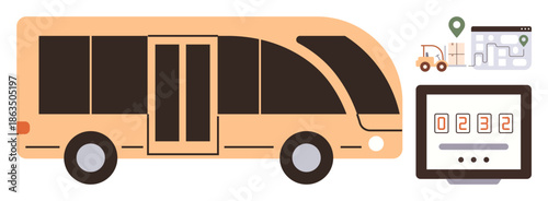 Public transport, urban mobility, smart navigation, route tracking, digital displays, fleet management. Visual of a bus, map and display panel. Public transport and urban mobility concept