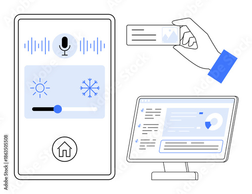 Smart homes, automation, digital dashboards, voice commands, online security, accessibility. Smartphone interface with climate control, card in hand computer screen. Smart homes and automation