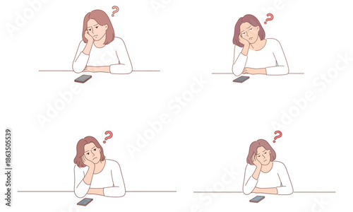 Confused woman thinking and looking at smartphone with question marks illustration

